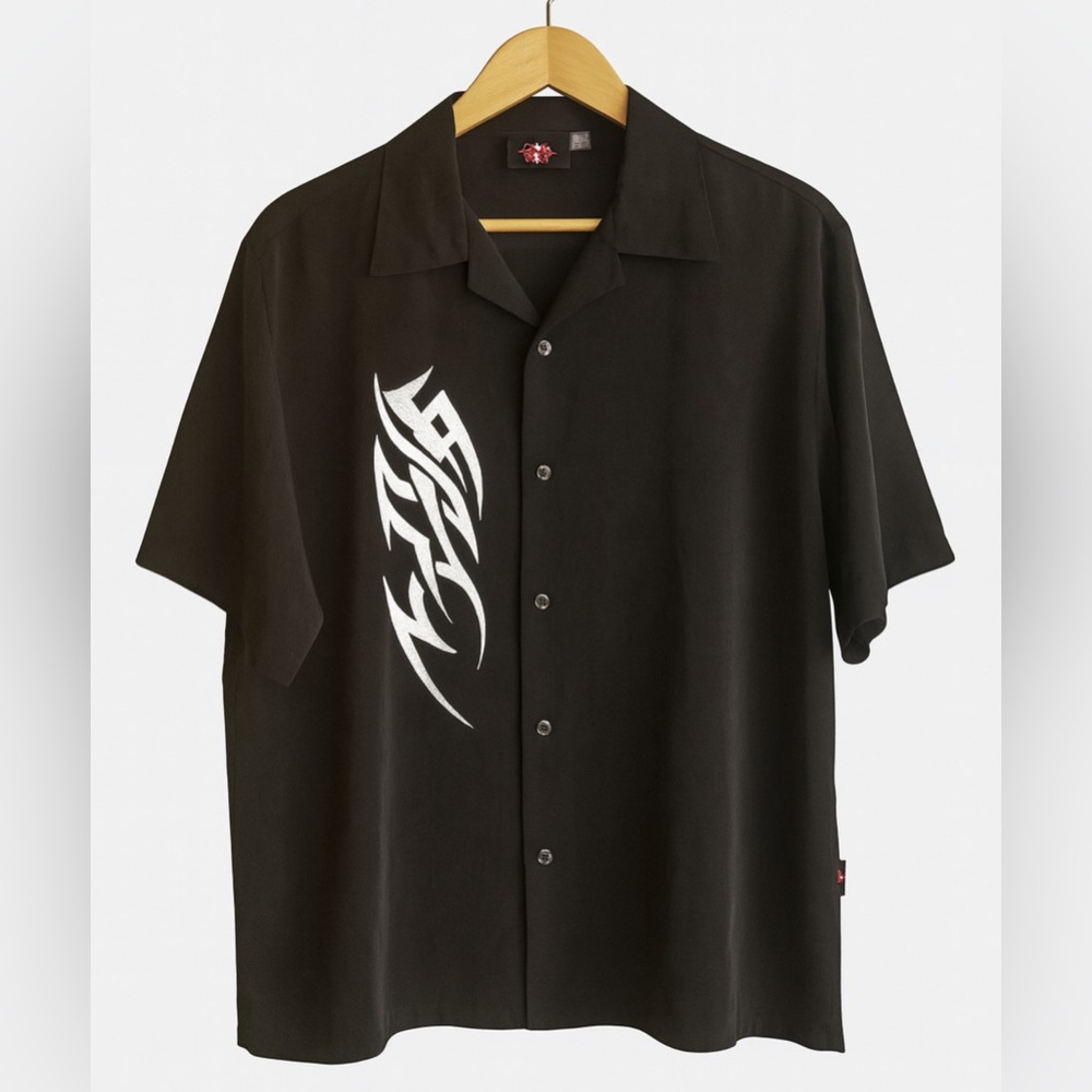 Vintage Dragonfly sz L Mens D Clothing Black Flame Collar Button Shirt Trashed